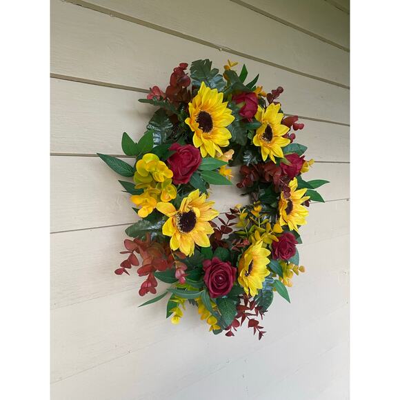 Elegant Burgundy Blush Fall Wreath, Rustic Grapevine with Pumpkin & Roses Decor - Picture 8 of 11